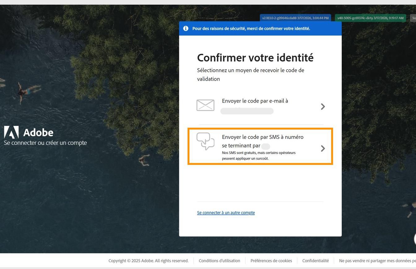 Fenêtre Vérifiez votre identité avec l’option Envoyer le code par SMS au numéro mise en surbrillance, pour envoyer un code à votre numéro de téléphone enregistré.