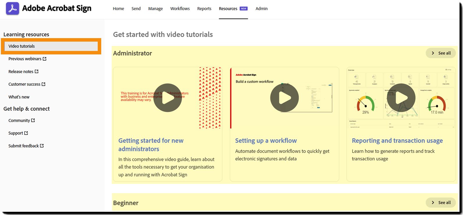 De pagina "Resources" met de videotutorials.