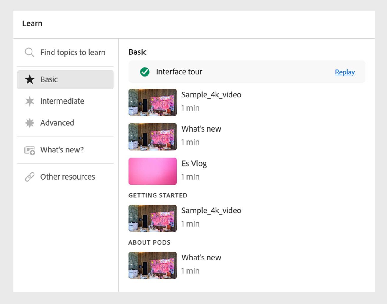 Learn Hub panel interface