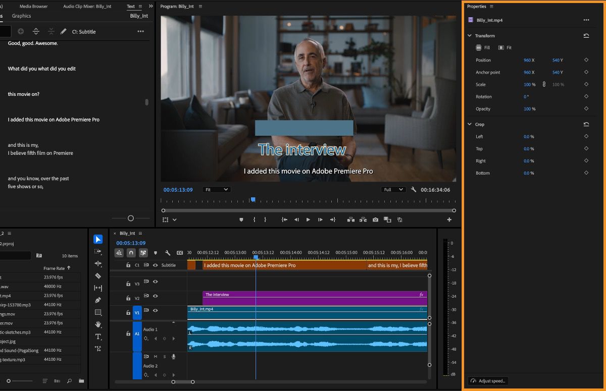 You can transform, crop, or adjust the speed of the video using quick actions available under the Properties panel.
