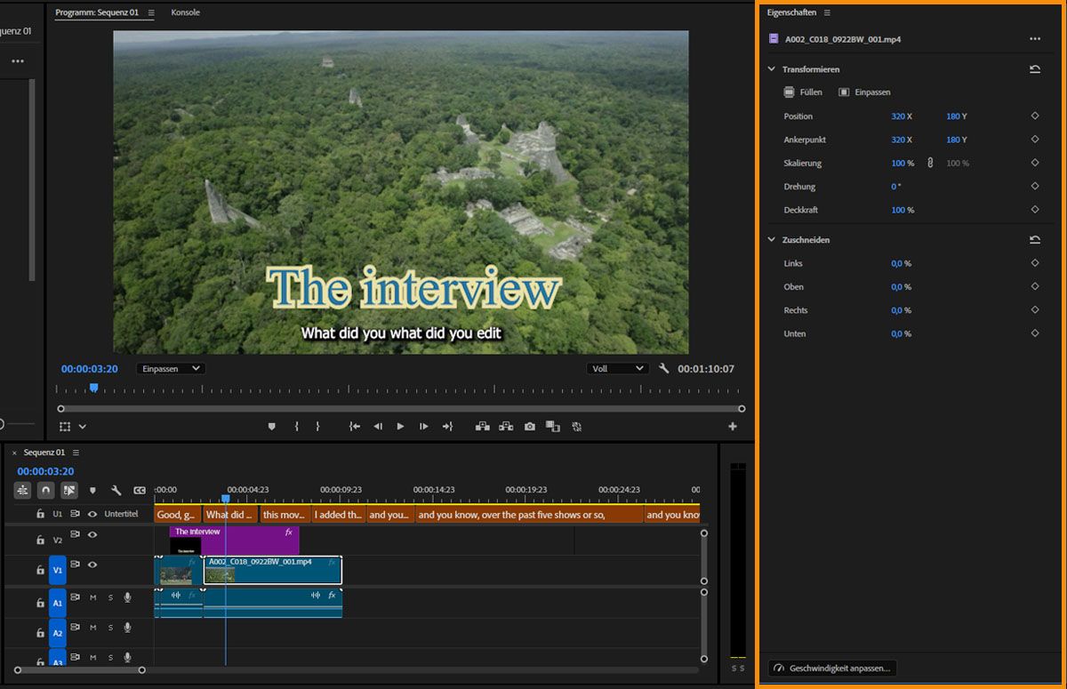 Du kannst das Video transformieren, zuschneiden oder die Geschwindigkeit anpassen, indem du die im Bedienfeld „Eigenschaften“ verfügbaren Schnellaktionen verwendest.