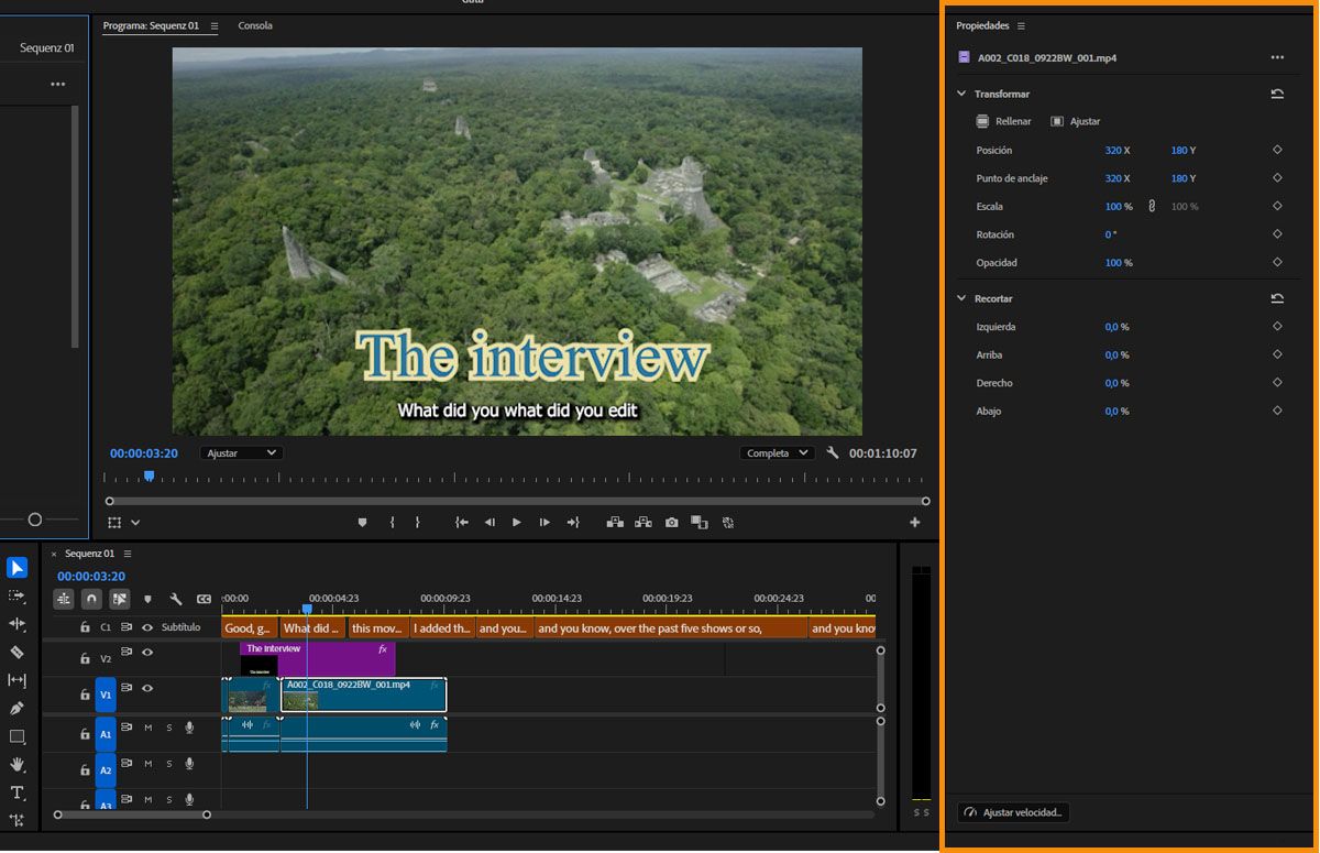Puede transformar, recortar o ajustar la velocidad del vídeo mediante acciones rápidas disponibles en el panel Propiedades.