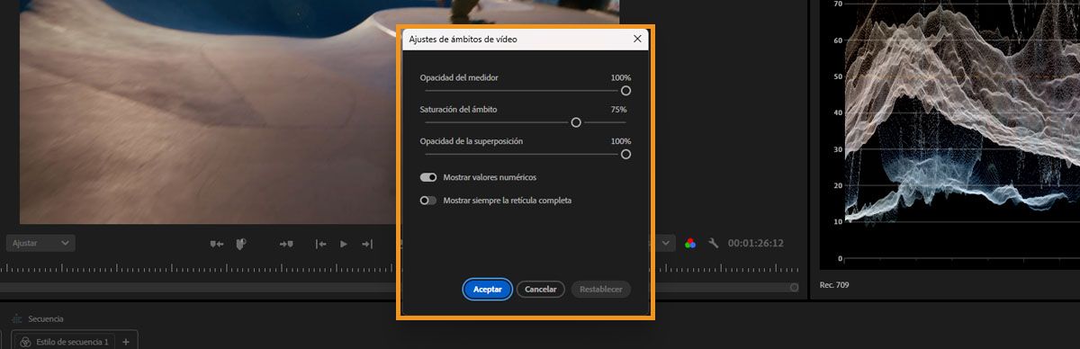Panel de configuración de visores de vídeo que muestra opciones para opacidad, saturación y controles de superposición.
