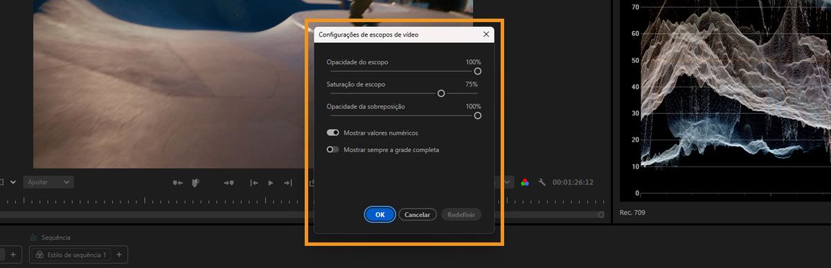 Painel Configurações de escopos de vídeo mostrando opções para opacidade, saturação e controles de sobreposição.