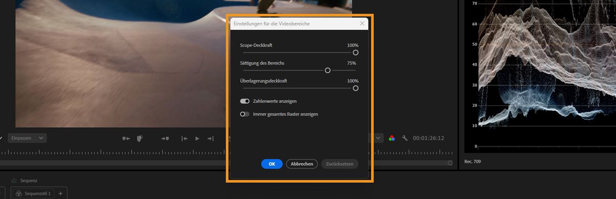 Bedienfeld mit Videobereichseinstellungen zeigt Optionen für Deckkraft, Sättigung und Überlagerungssteuerungen.