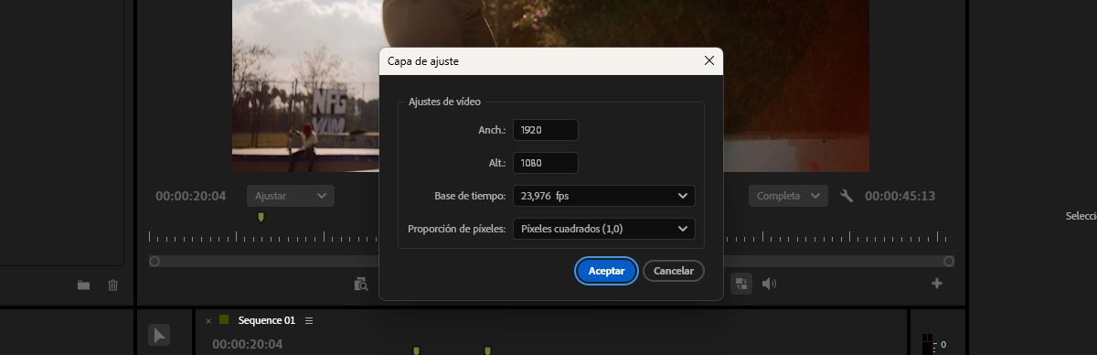 Cuadro de diálogo Configuración de vídeo para crear una nueva capa de ajuste con configuración coincidente con la secuencia.