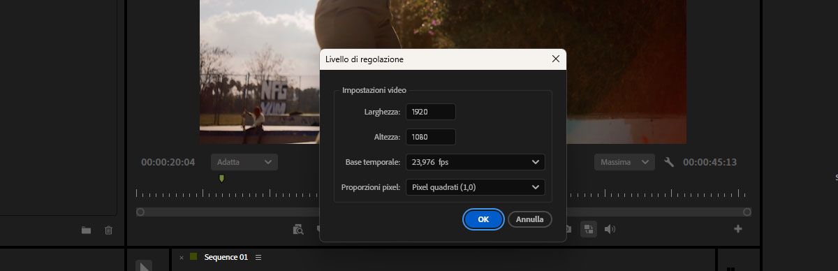 Finestra di dialogo Video Settings per creare un nuovo livello di regolazione con Impostazioni corrispondenti alla sequenza.