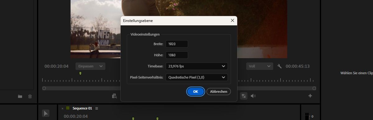 Video-Einstellungen-Dialog zum Anlegen einer neuen Korrekturebene mit sequenzangepassten Einstellungen.