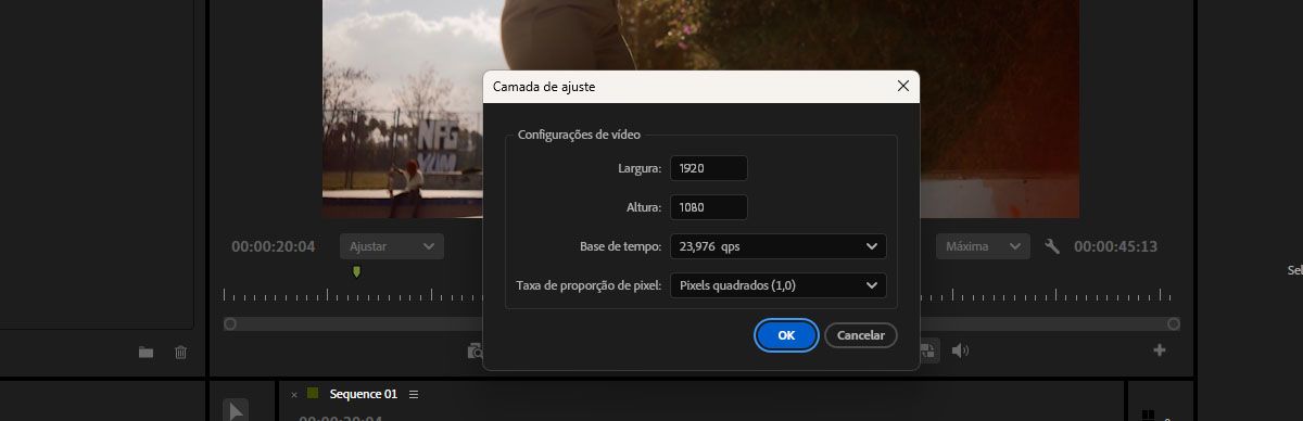 Caixa de diálogo Configurações de vídeo para criar uma nova camada de ajuste com configurações correspondentes à sequência.