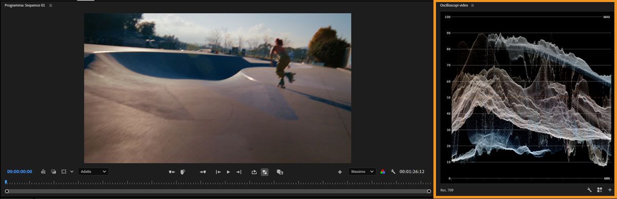 Pannello Video Scopes che visualizza la forma d'onda accanto all'anteprima video in modalità Colore.