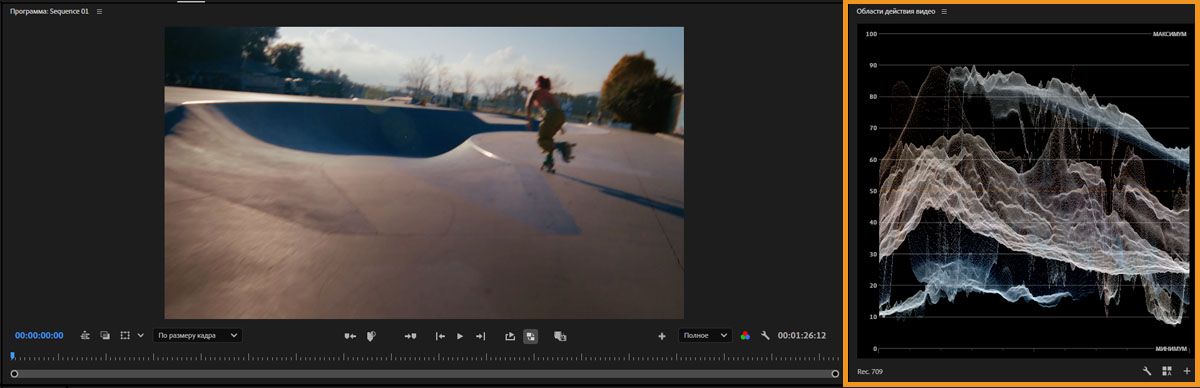 Панель видеоосциллографов отображает форму волны рядом с просмотром видео в цветовом режиме.