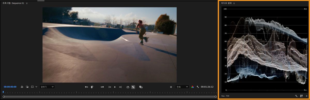 색상 모드에서 비디오 미리 보기와 함께 파형을 디스플레이하는 비디오 범위 패널.