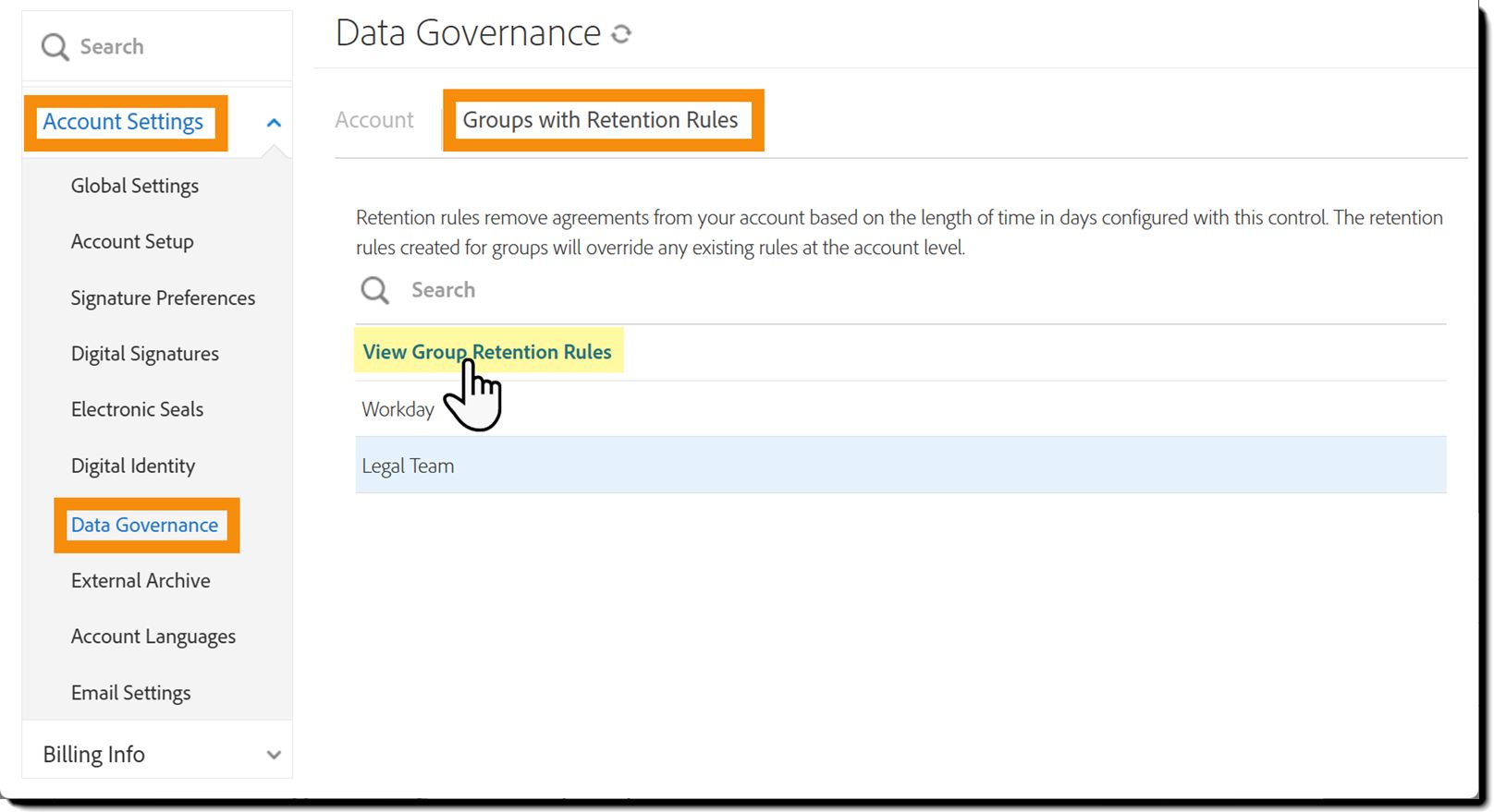 Få adgang til gruppeindstillinger via datastyring på kontoniveau