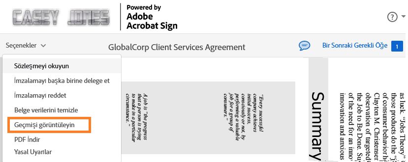 Seçenekler menüsünün genişletildiği ve &quot;Geçmişi görüntüle&quot; seçeneğinin vurgulandığı e-imza sayfası.