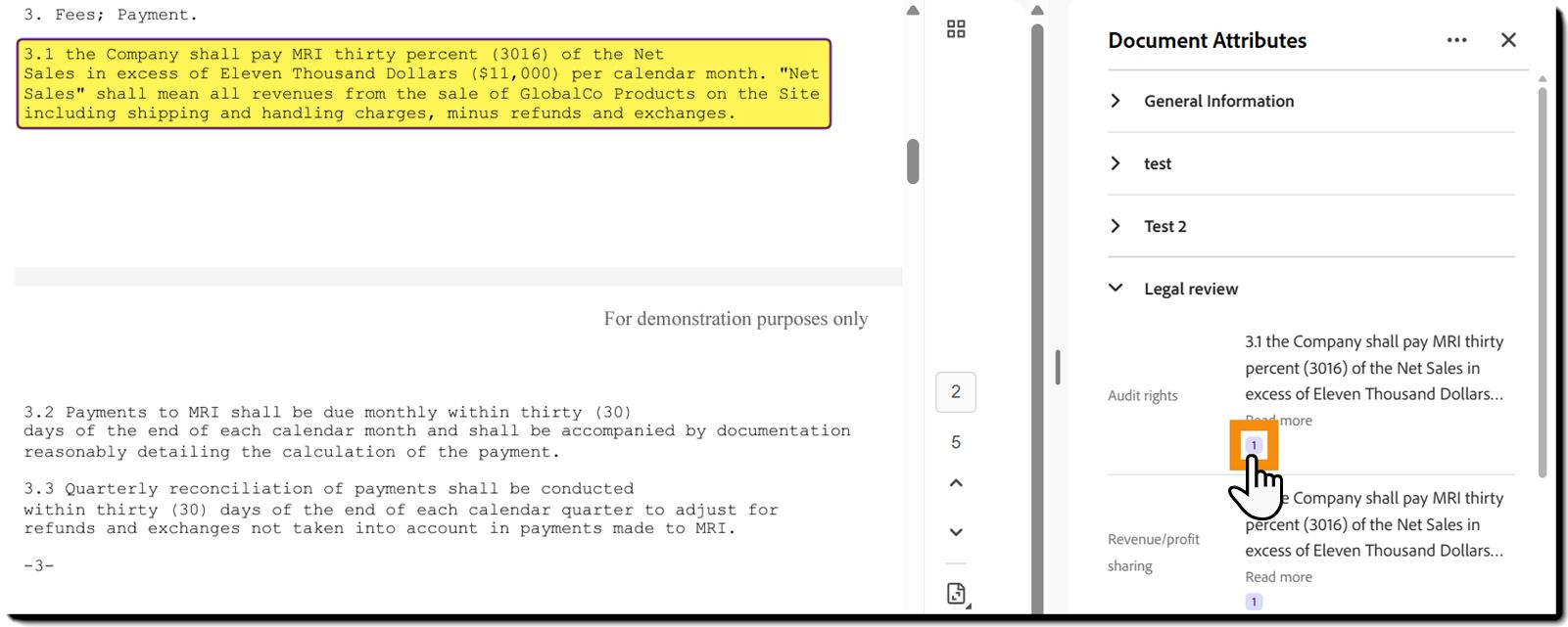 Extracted attribute value na may numbered citation na naka-link sa supporting source content.