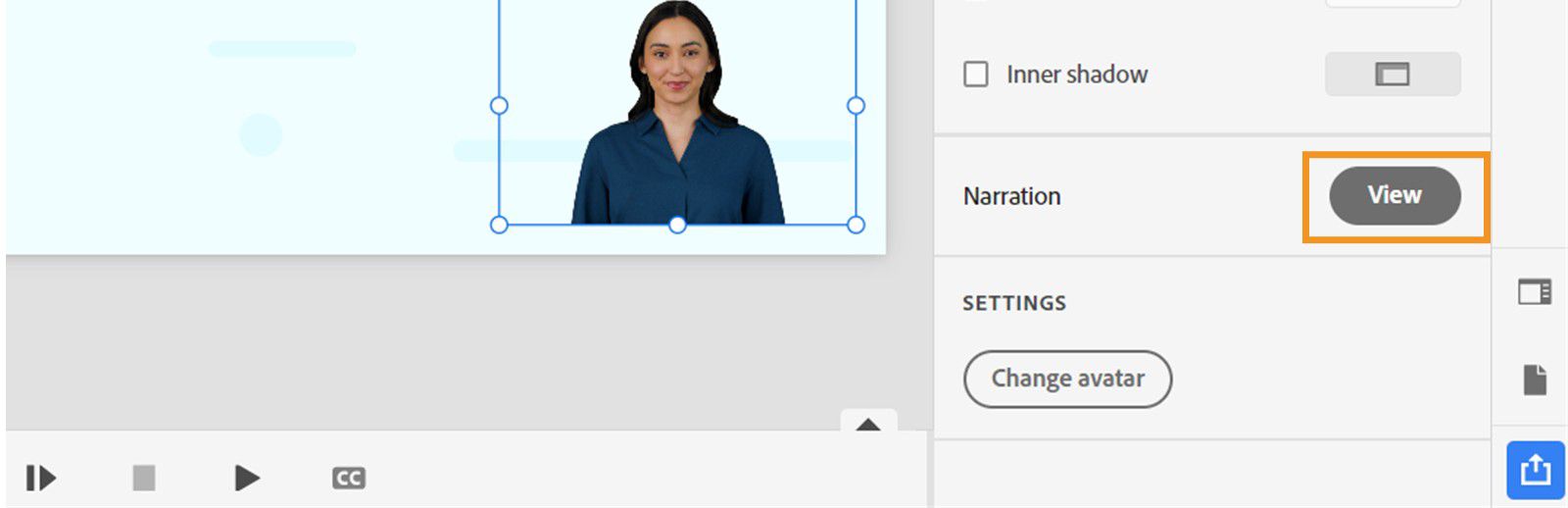 View existing transcripts on a slide from Visual properties on selecting the avatar