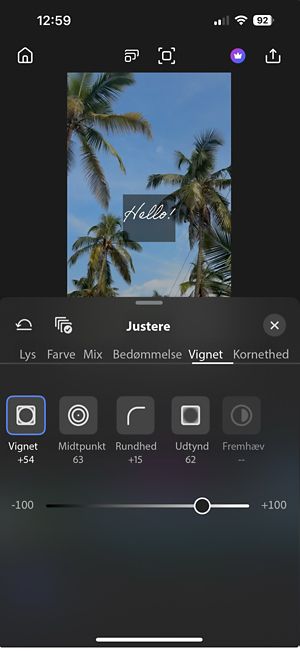 Fanen Vignette er åben og viser kontrolelementerne for Vignette, Midtpunkt, Rundhed, Fjer og Højlys for at justere vignette-effekten på optagelserne.