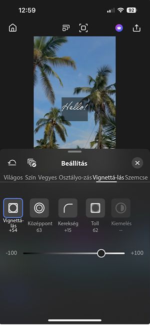 Megnyitott Vignettálás ablak, amelyben látszanak a felvételre alkalmazható vignettálási effektusok beállításai: Vignettálás, Középső pont, Kerekség, Lágyítás és Kiemelés.