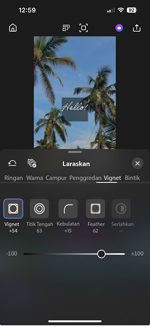 Tab vinyet dibuka memaparkan kawalan untuk Vinyet, Titik Tengah, Kebulatan, Kecerunan, dan Sorotan bagi melaraskan kesan vinyet pada rakaman.