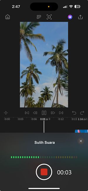 Layar perekaman sulih suara menampilkan pengukur audio, timer hitung mundur dan tombol berhenti warna merah.
