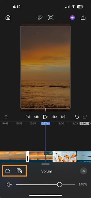 Panoul de control al volumului cu pictogramele Reset și Apply to all clips evidențiate în colțul din stânga sus.