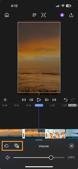 Volume control panel na may Reset at Apply sa lahat ng clip na icon na naka-highlight sa top-left corner.
