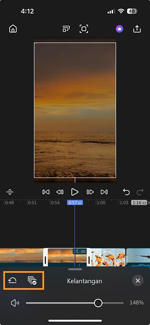 Panel kawalan kelantangan dengan Penetapan Semula dan Terpakai kepada semua ikon klip di sudut atas sebelah kiri.