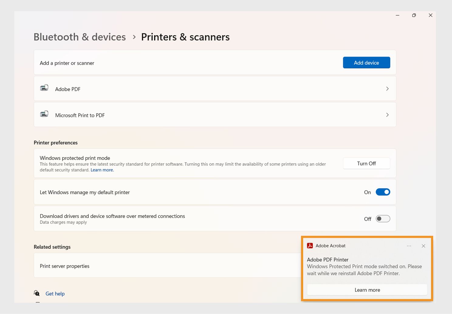 Принтер Adobe PDF установлено, а режим WPP ввімкнено в параметрах принтера