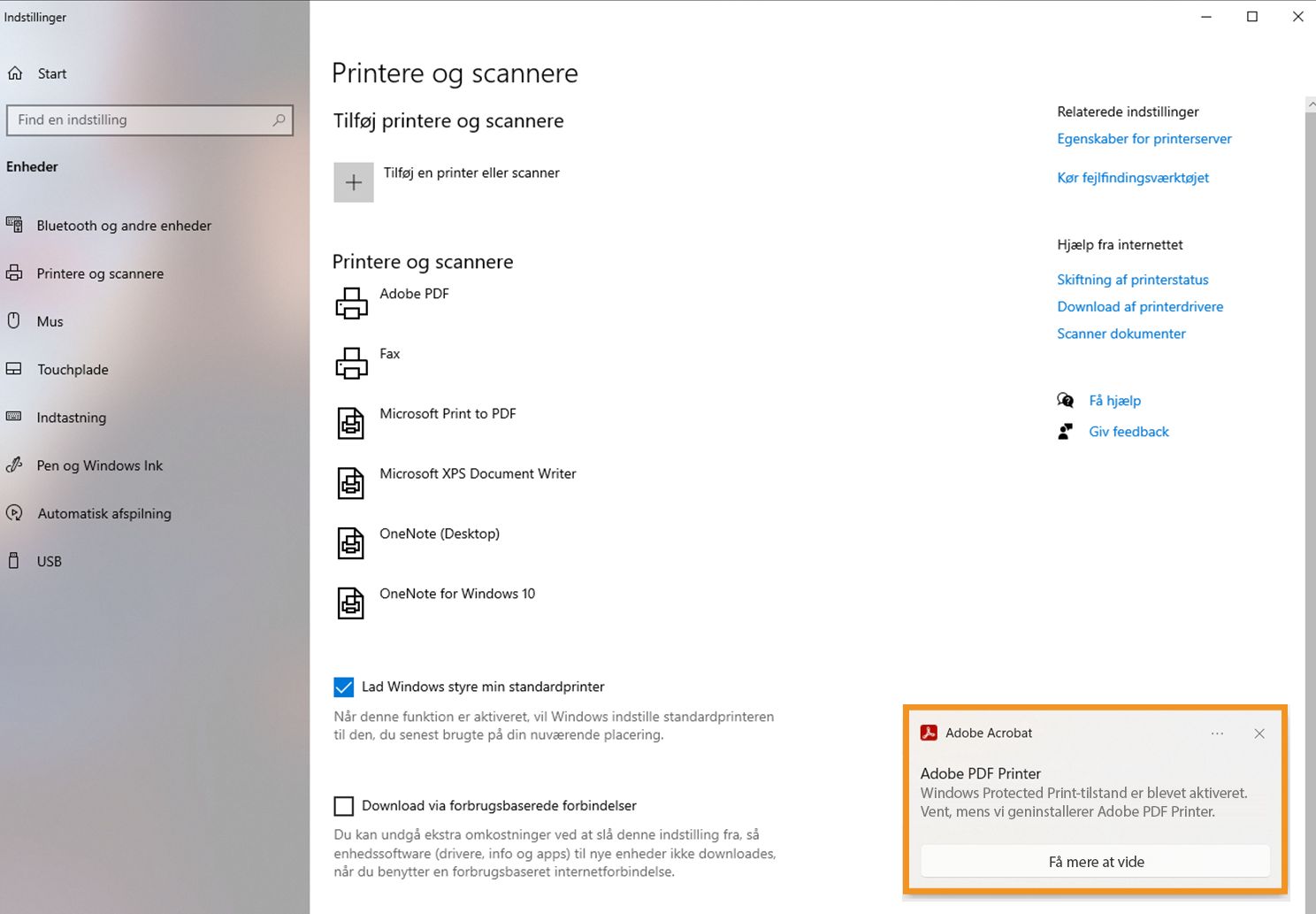 WPP-tilstand aktiveret i printerindstillingerne og Adobe PDF-printeren installeret