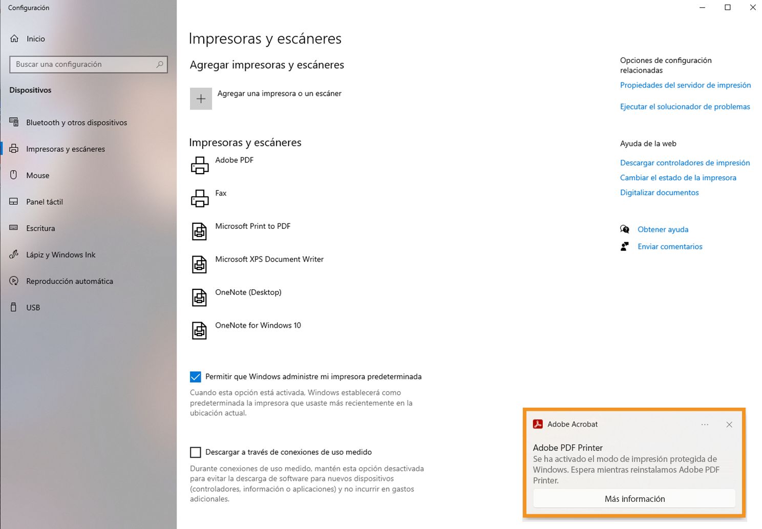 Modo WPP habilitado en la configuración de impresora y la impresora Adobe PDF instalada