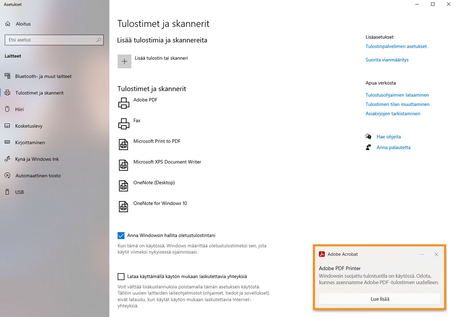 WPP-tila käytössä tulostimen asetuksissa ja Adobe PDF -tulostin asennettuna