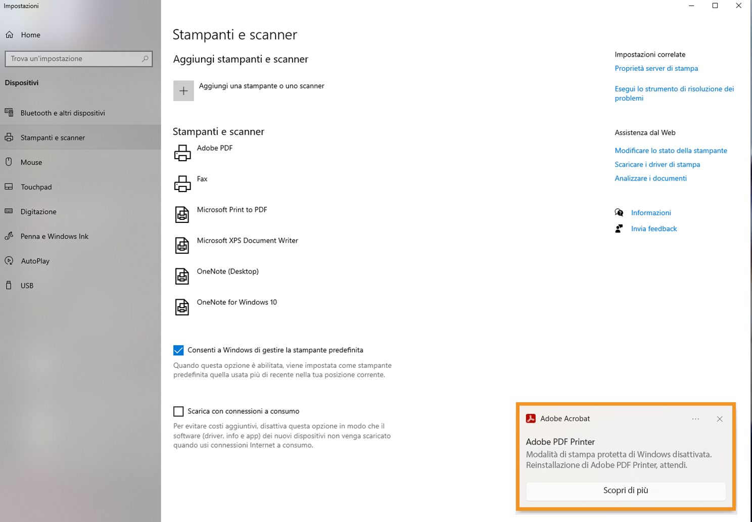 Modalità WPP abilitata nelle impostazioni della stampante e stampante Adobe PDF installata