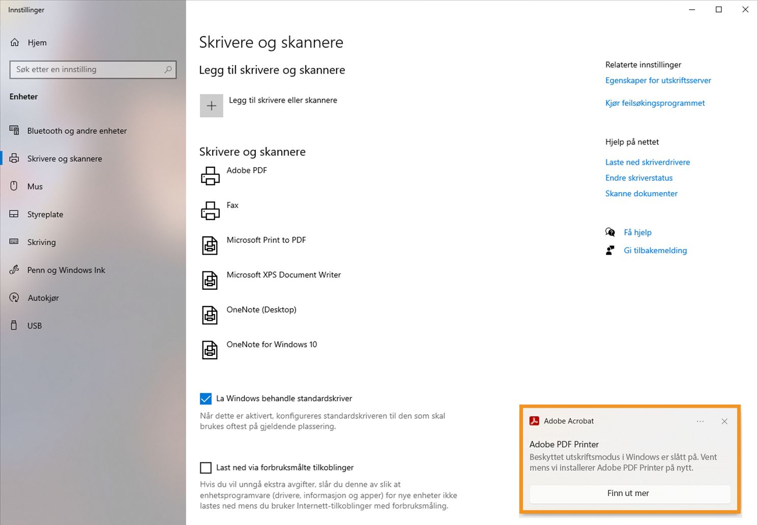 WPP-modus aktivert i skriverinnstillinger og Adobe PDF-skriver installert