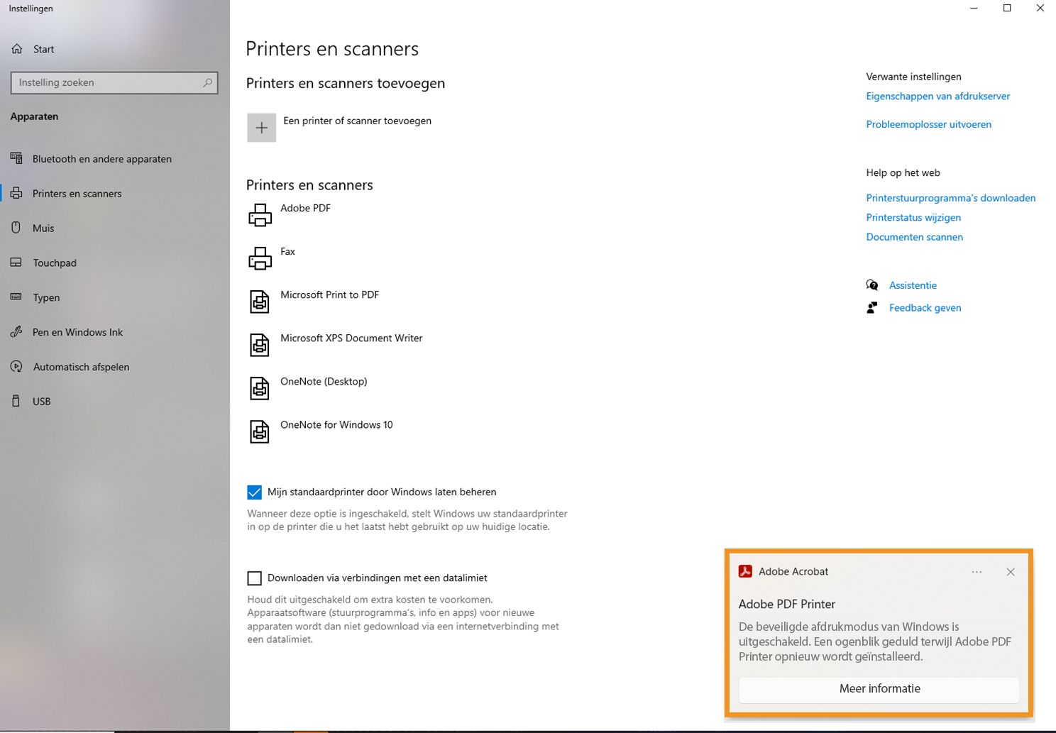 WPP-modus ingeschakeld in printerinstellingen en Adobe PDF-printer geïnstalleerd