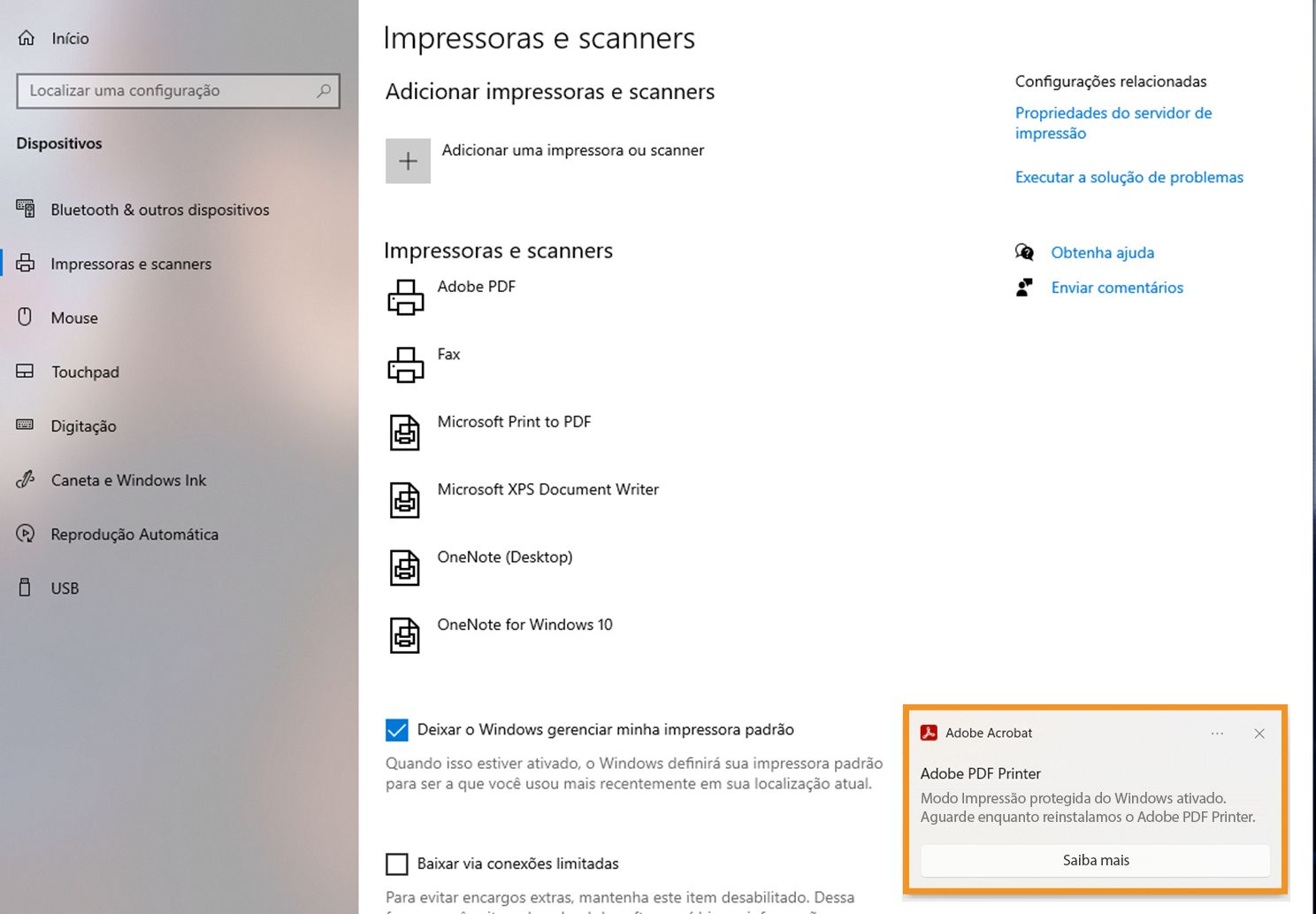 Modo WPP habilitado nas configurações da impressora e impressora PDF da Adobe instalada