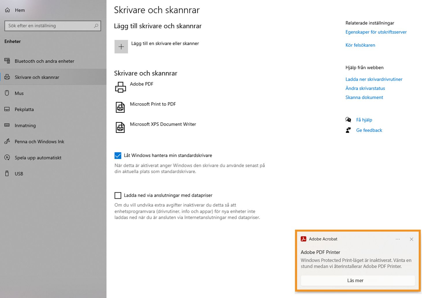 WPP-läge aktiverat i skrivarinställningar och Adobe PDF-skrivare installerad