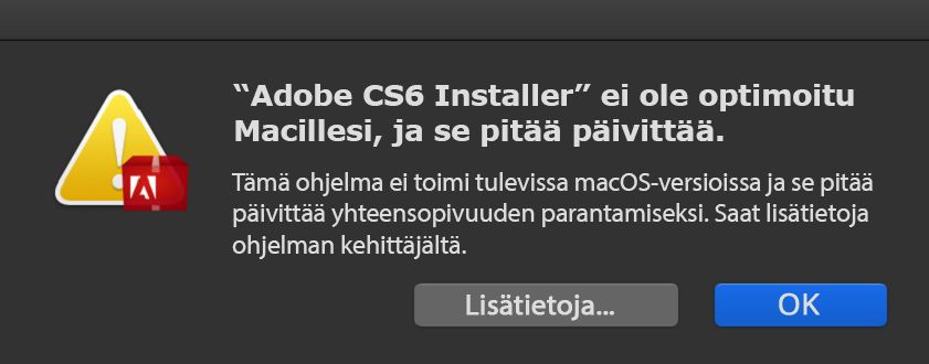 Varoitus – Asennusohjelmaa ei ole optimoitu Macia varten.
