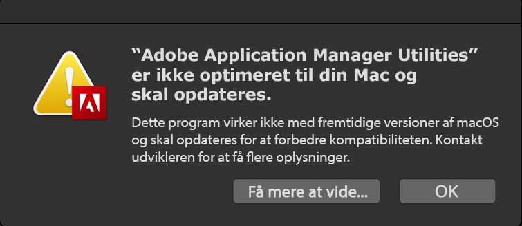 Advarsel – Adobe Application Manager er ikke optimeret til din Mac