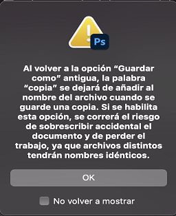 Cuadro de diálogo de advertencia de Guardar como antiguo