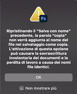 Finestra di avvertenza per Salva con nome precedente