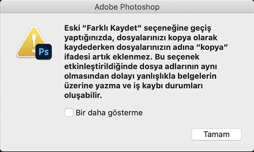 Eski farklı kaydetme için uyarı iletişim kutusu