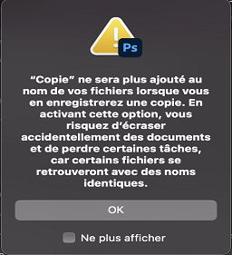 Boîte de dialogue d’avertissement pour l’option Enregistrer sous héritée