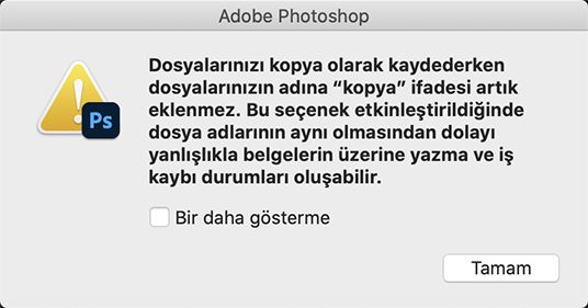 Eski farklı kaydetme için uyarı iletişim kutusu