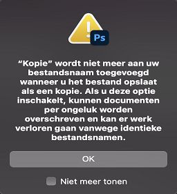 Waarschuwingsdialoogvenster voor verouderde functie Opslaan als