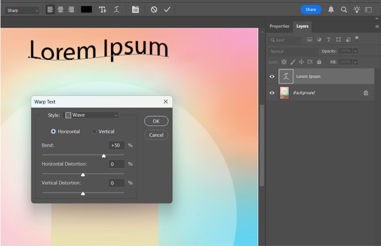 مربع حوار Warp Text يعرض Wave style المطبق على النص، مع منزلقات Bend وDistortion وطبقة النص المحددة في لوحة Layers.