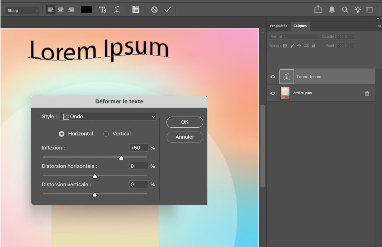 Boîte de dialogue Déformer le texte montrant le style Vague appliqué au texte, avec les curseurs Inflexion et Distorsion, et avec le calque de texte sélectionné dans le panneau Calques.