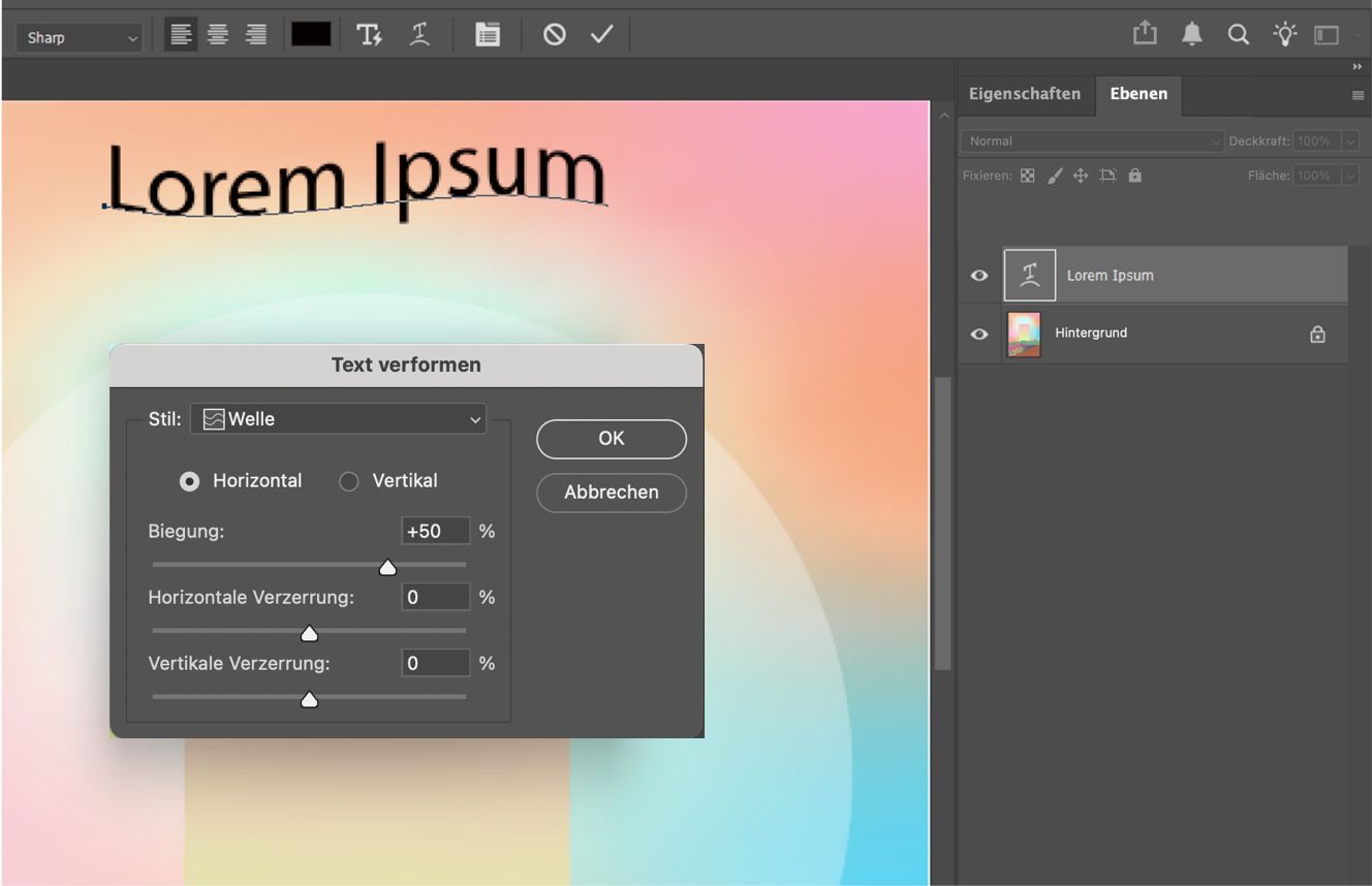 Das Dialogfeld „Text verkrümmen“ mit angewendetem Wellenstil auf Text, mit Biegungs- und Verzerrungsreglern und ausgewählter Textebene im Ebenen-Bedienfeld.