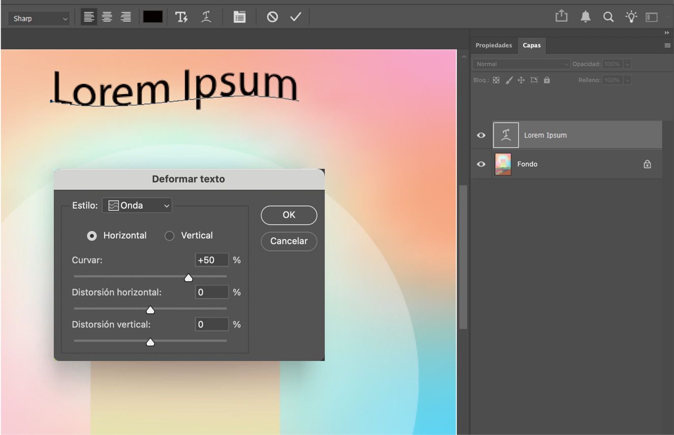 Cuadro de diálogo Warp Text mostrando el estilo Wave aplicado al texto, con controles deslizantes de Bend y Distortion y la Capa de tipo seleccionada en el panel Layers.