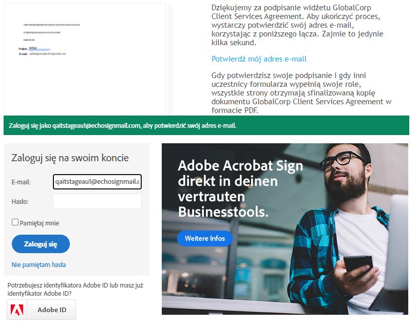 Wiadomość e-mail potwierdzająca formularz internetowy i wyzwanie