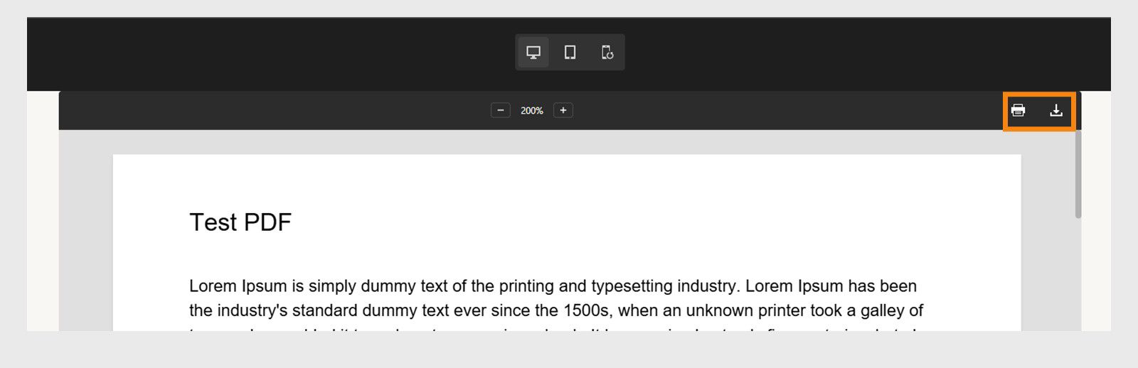 Interfaz de vista previa de Captivate que muestra el objeto web pdf con botones de Imprimir y Descargar